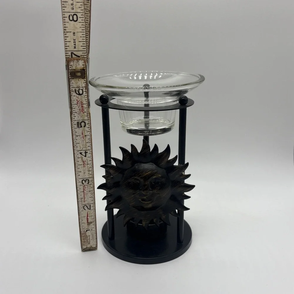 Vintage Celestial Sun Candle Holder & Oil Warmer Metal Bronze Finish Glass Top